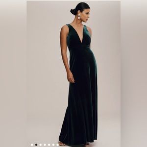 Anthropologie Jenny Yoo Logan Deep-V Velvet Column Gown in Dark Emerald - Size 2